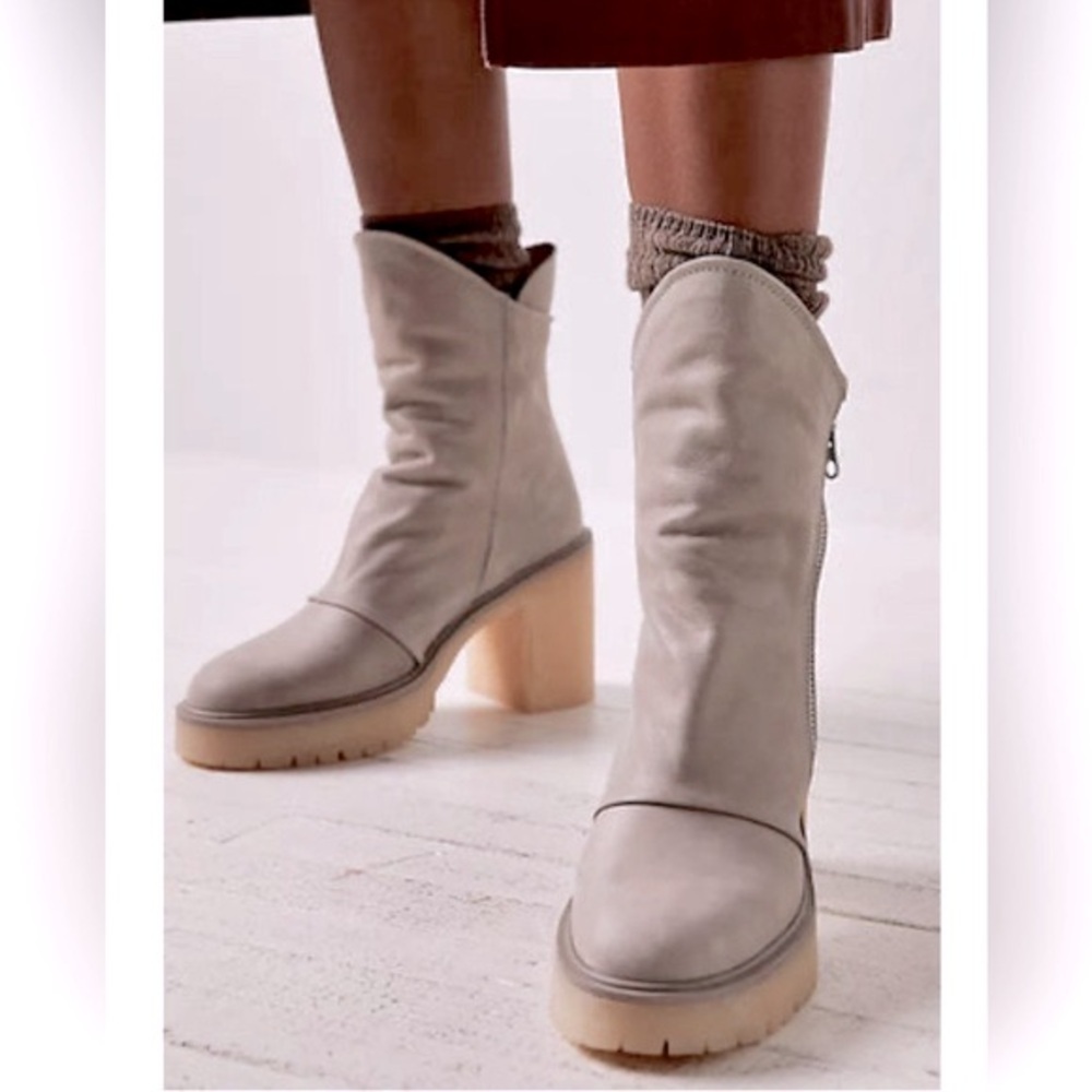 Free People Jack Leather Ankle Boots Zip Up Block Heel Nude Tan Sand Size 8